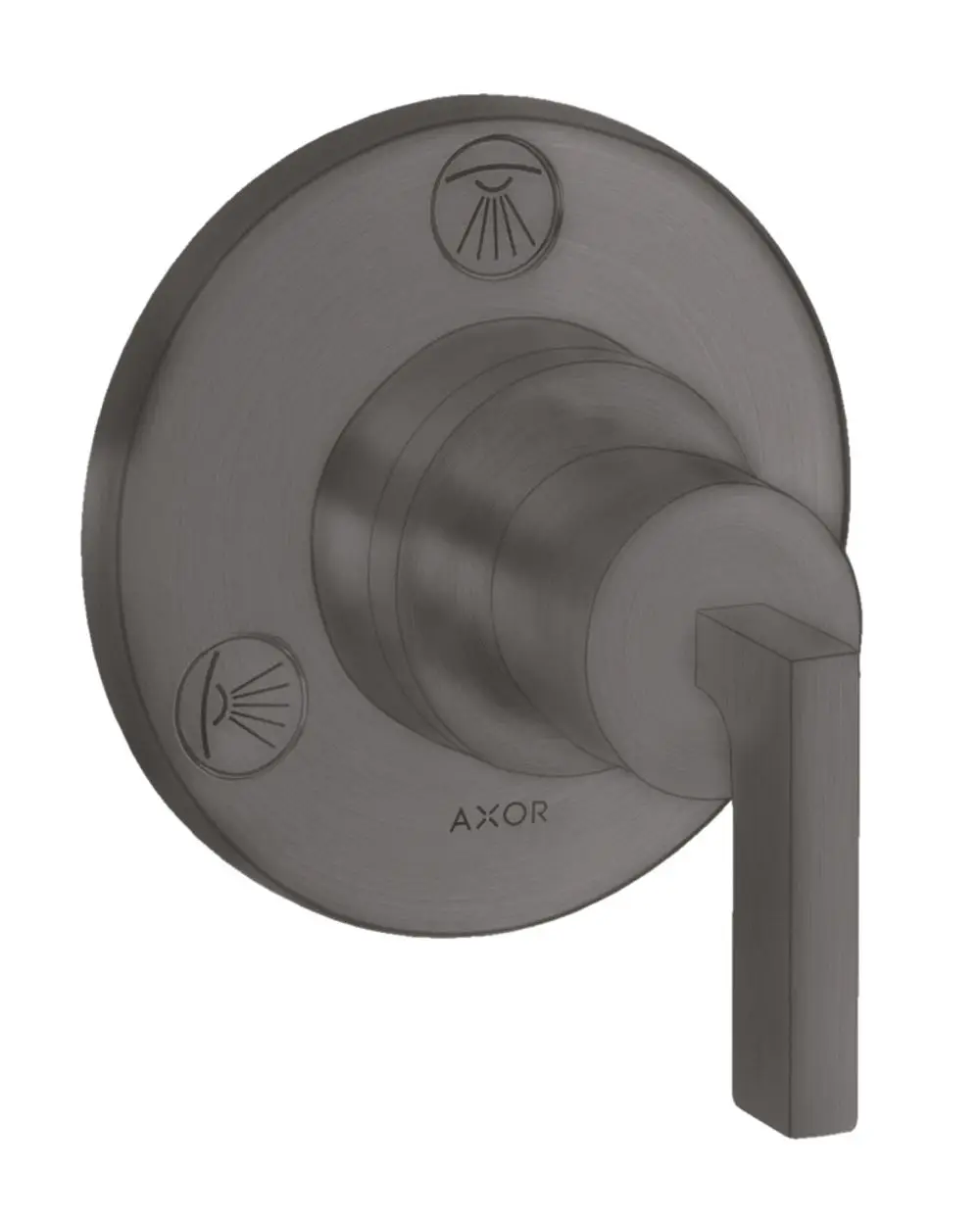 Unterputzventil mit Hebelgriff in brushed black chrome von AXOR, mit zwei Symbolen für Wasserstrahlsteuerung auf rundem Plattenkörper.